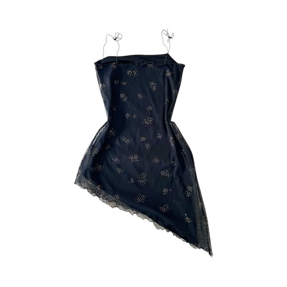 Vintage Party asymmetrical dress with golden floral details, tie straps, sheer - Picture 8 of 8